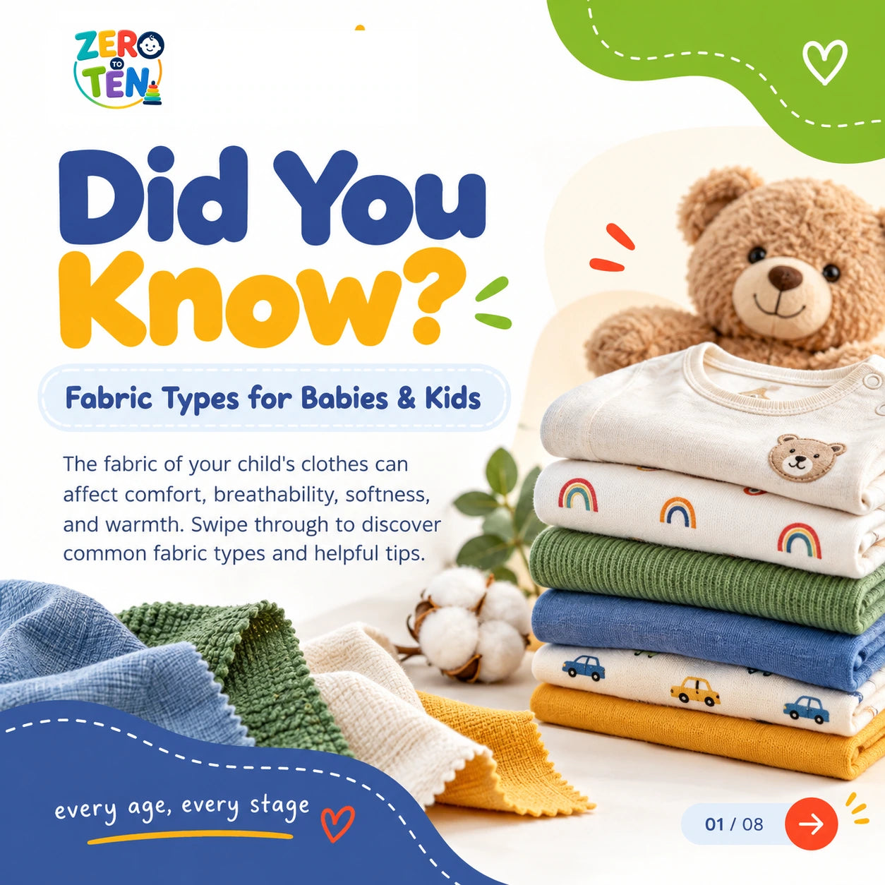 Fabric types for babies and kids, slide 1 of 8