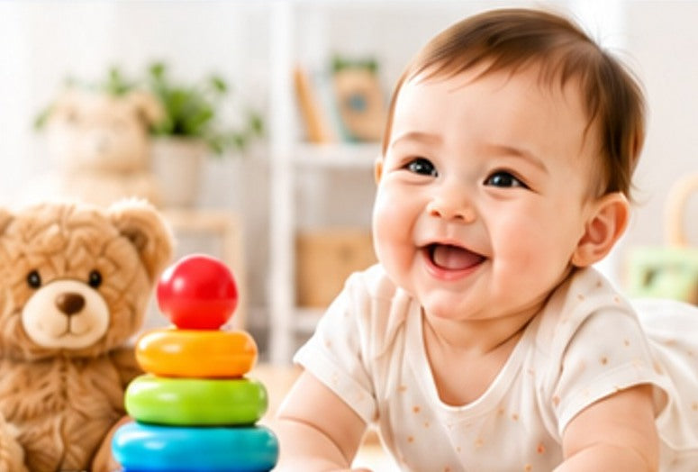 Happy baby with colorful toys